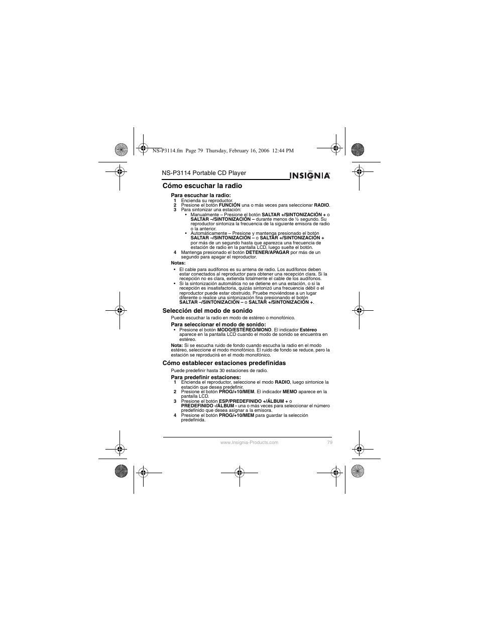 Cómo escuchar la radio | Insignia NS-P3114 User Manual | Page 81 / 96