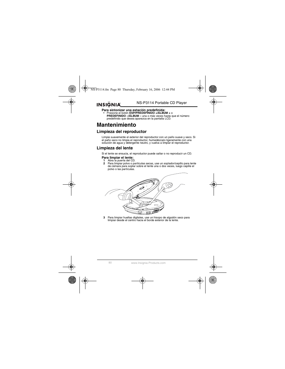 Mantenimiento, Limpieza del reproductor, Limpieza del lente | Insignia NS-P3114 User Manual | Page 82 / 96