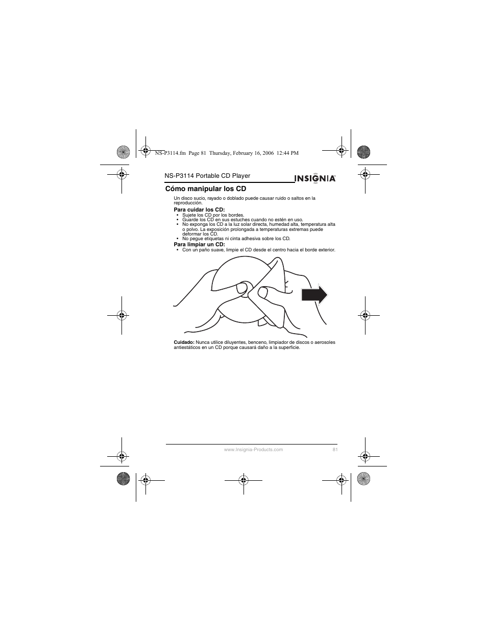 Cómo manipular los cd | Insignia NS-P3114 User Manual | Page 83 / 96