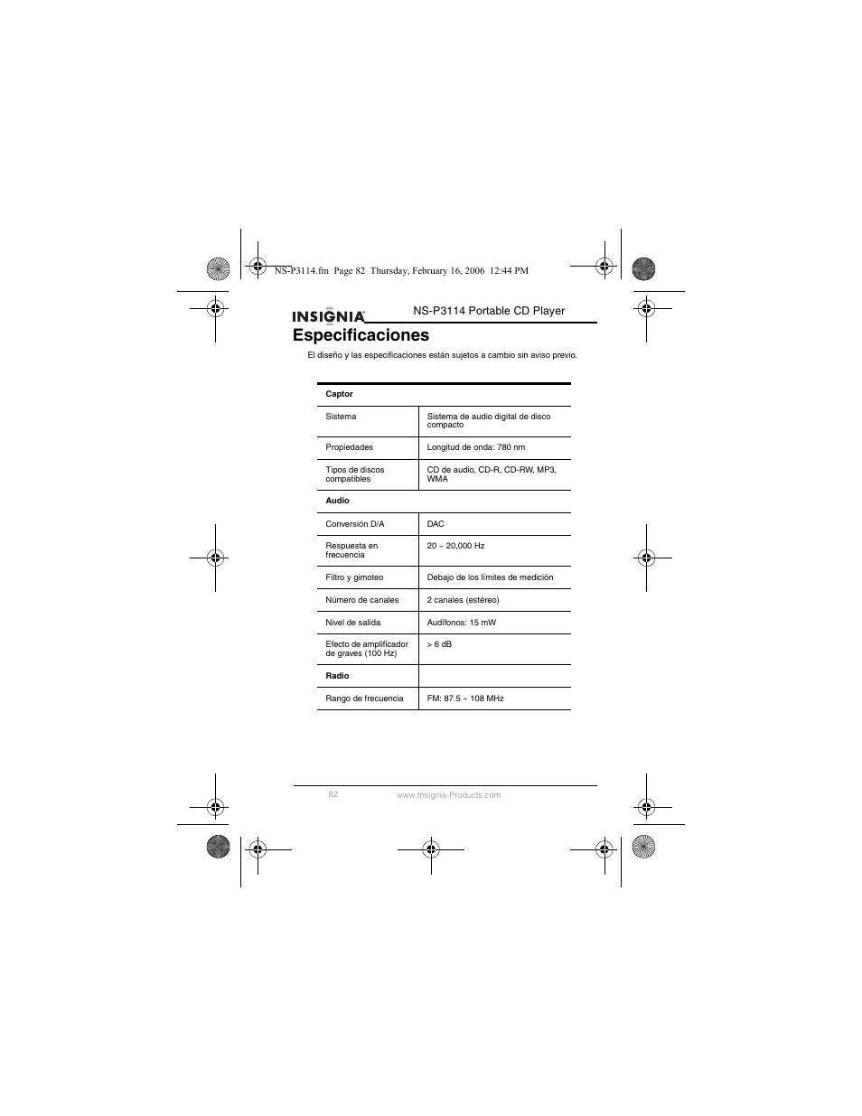 Especificaciones | Insignia NS-P3114 User Manual | Page 84 / 96