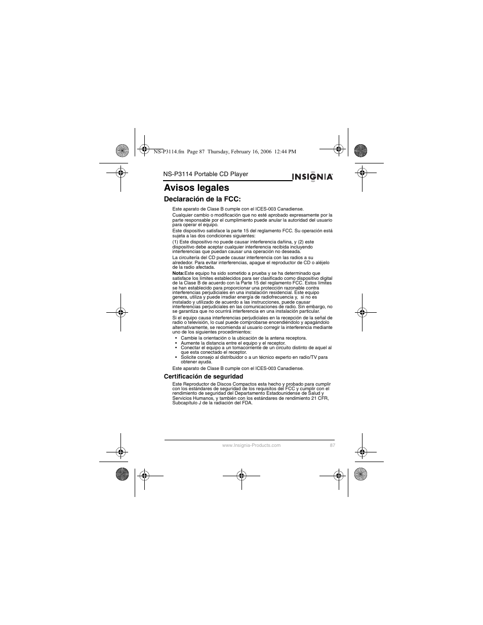 Avisos legales, Declaración de la fcc | Insignia NS-P3114 User Manual | Page 89 / 96