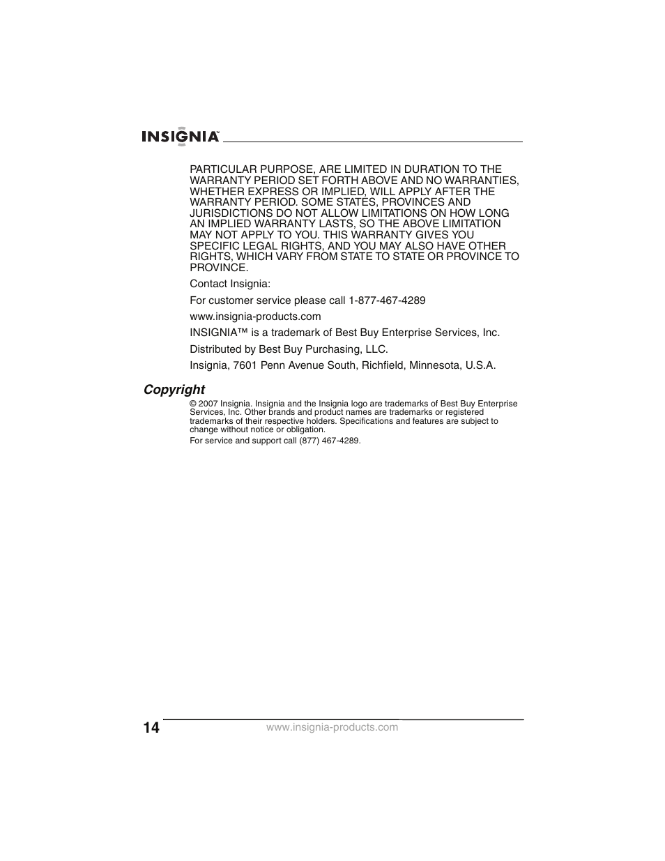 Copyright | Insignia NS-P2000 User Manual | Page 14 / 40