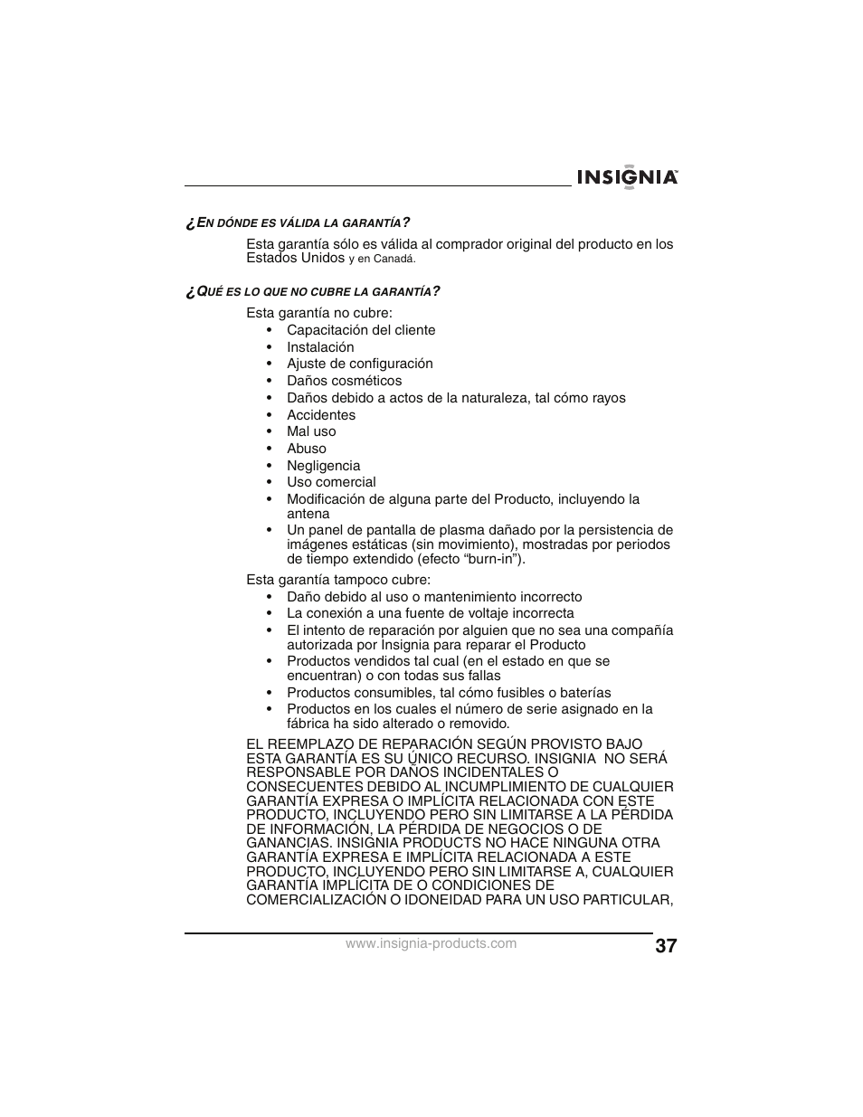 En dónde es válida la garantía, Qué es lo que no cubre la garantía | Insignia NS-P2000 User Manual | Page 37 / 40