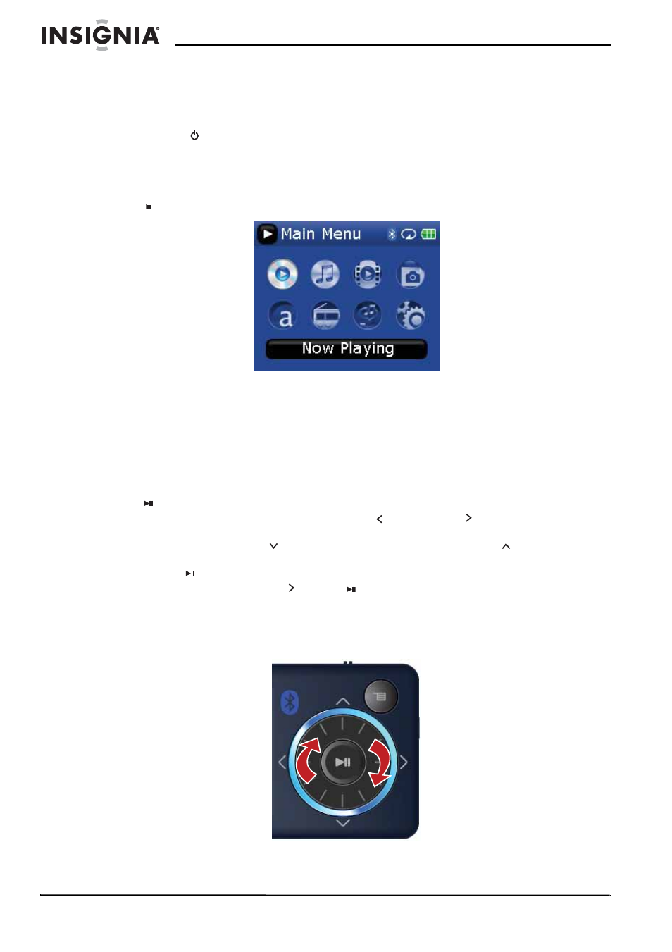 Using your mp3 player, Turning your player on and off, Navigating the on-screen menus | Changing the volume | Insignia NS-2V17 User Manual | Page 10 / 68