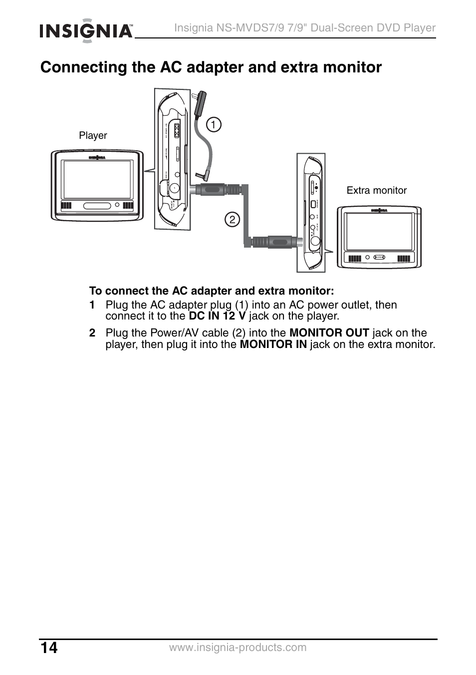 Connecting the ac adapter and extra monitor | Insignia NS-MVDS7 User Manual | Page 14 / 48