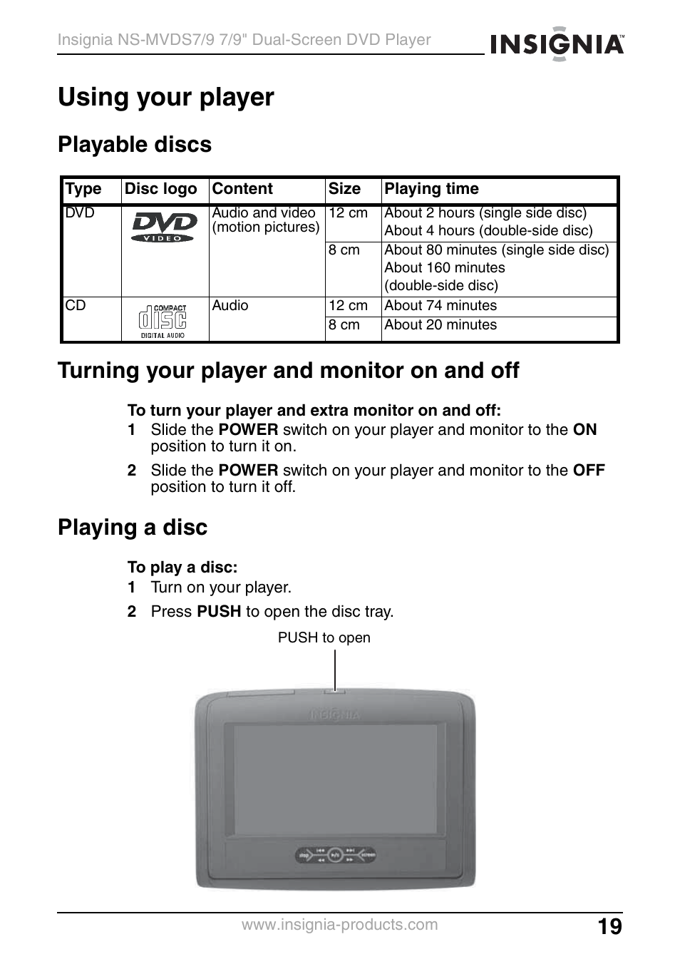 Using your player, Playable discs, Turning your player and monitor on and off | Playing a disc | Insignia NS-MVDS7 User Manual | Page 19 / 48