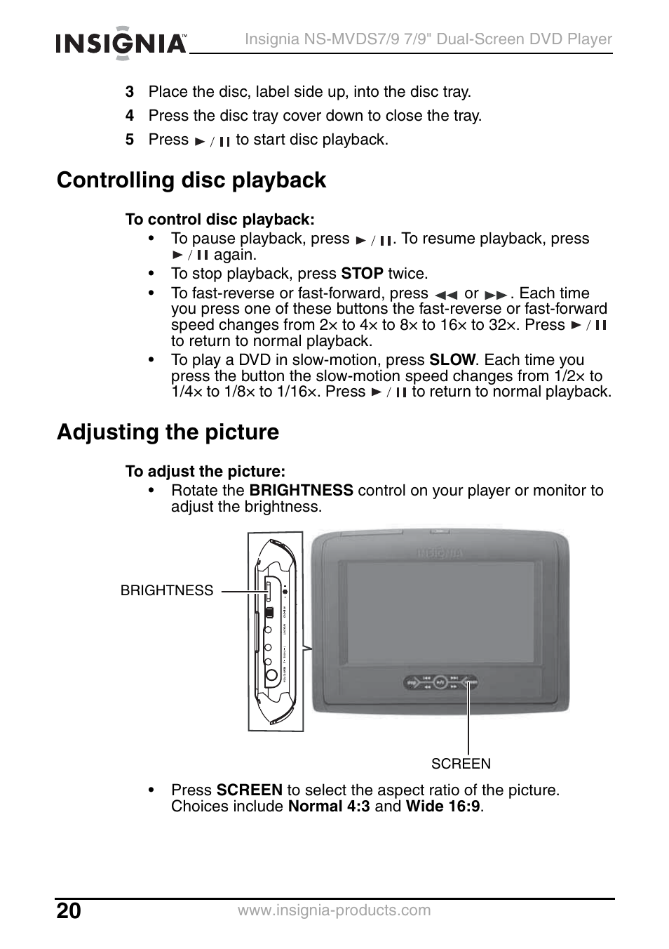 Controlling disc playback, Adjusting the picture | Insignia NS-MVDS7 User Manual | Page 20 / 48