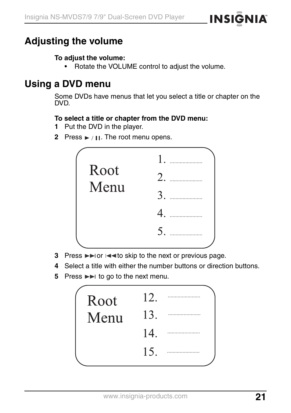 Adjusting the volume, Using a dvd menu | Insignia NS-MVDS7 User Manual | Page 21 / 48