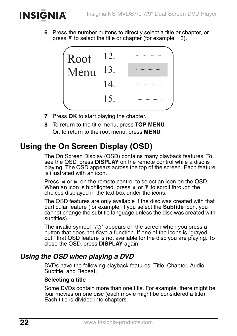 Using the on screen display (osd), Using the osd when playing a dvd, Root menu | Insignia NS-MVDS7 User Manual | Page 22 / 48