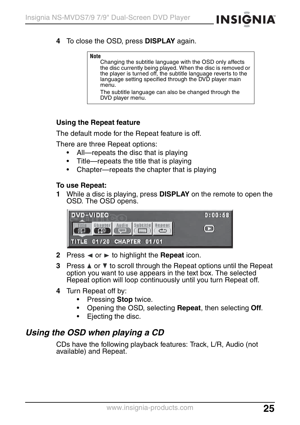 Using the osd when playing a cd | Insignia NS-MVDS7 User Manual | Page 25 / 48