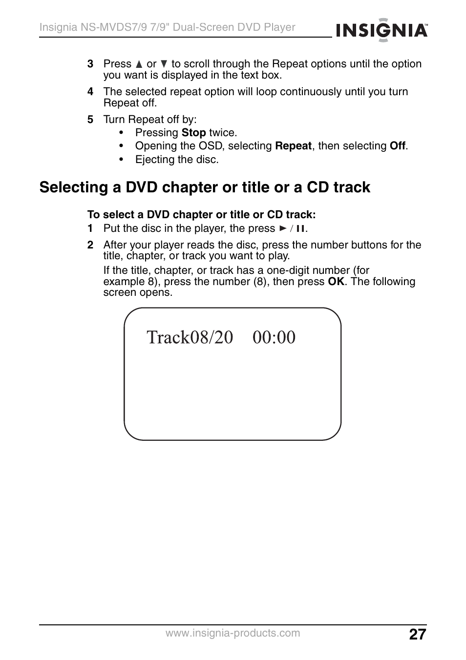 Selecting a dvd chapter or title or a cd track | Insignia NS-MVDS7 User Manual | Page 27 / 48