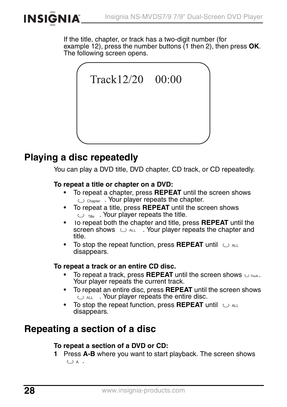 Playing a disc repeatedly, Repeating a section of a disc | Insignia NS-MVDS7 User Manual | Page 28 / 48