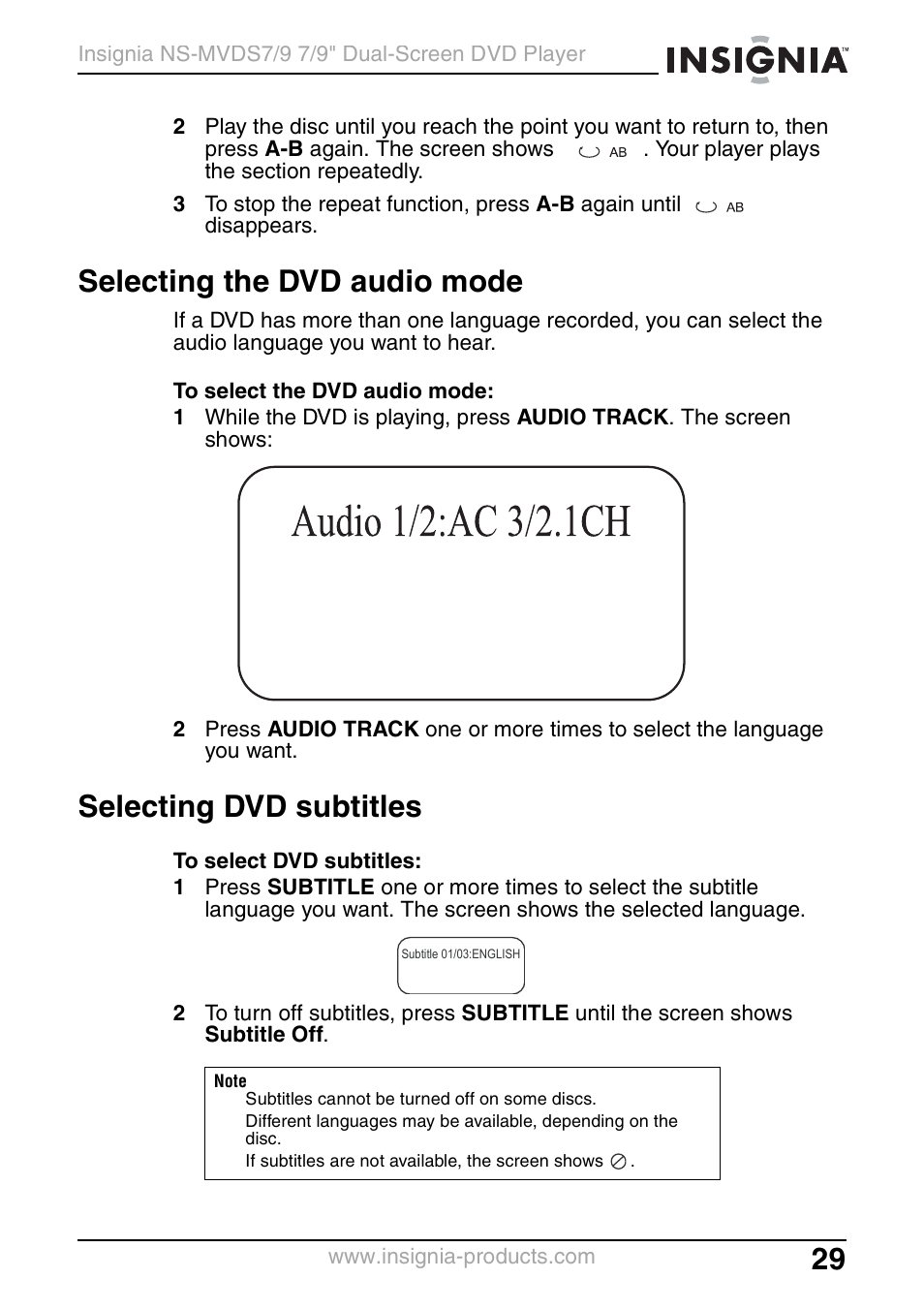 Selecting the dvd audio mode, Selecting dvd subtitles | Insignia NS-MVDS7 User Manual | Page 29 / 48