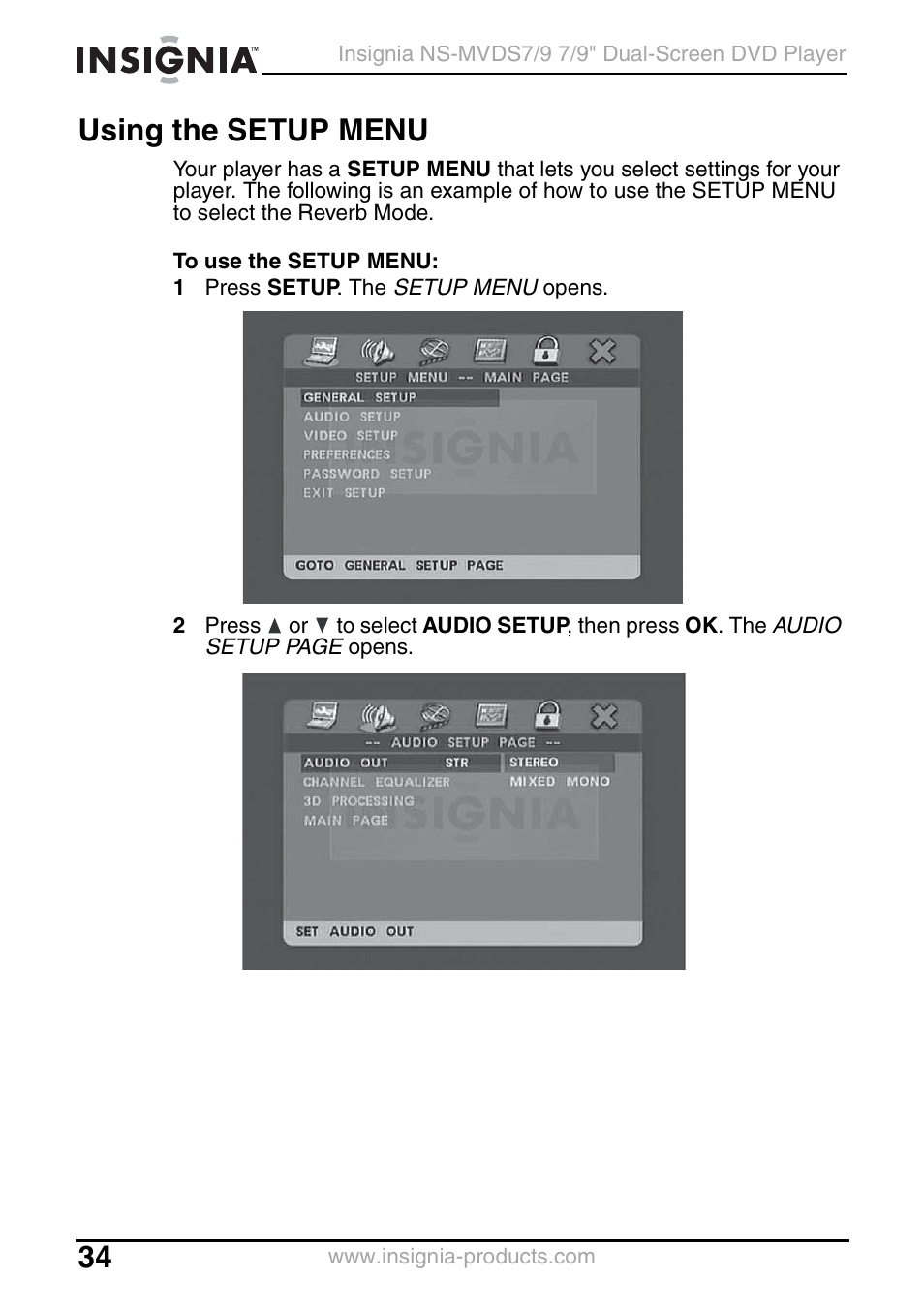 Using the setup menu | Insignia NS-MVDS7 User Manual | Page 34 / 48