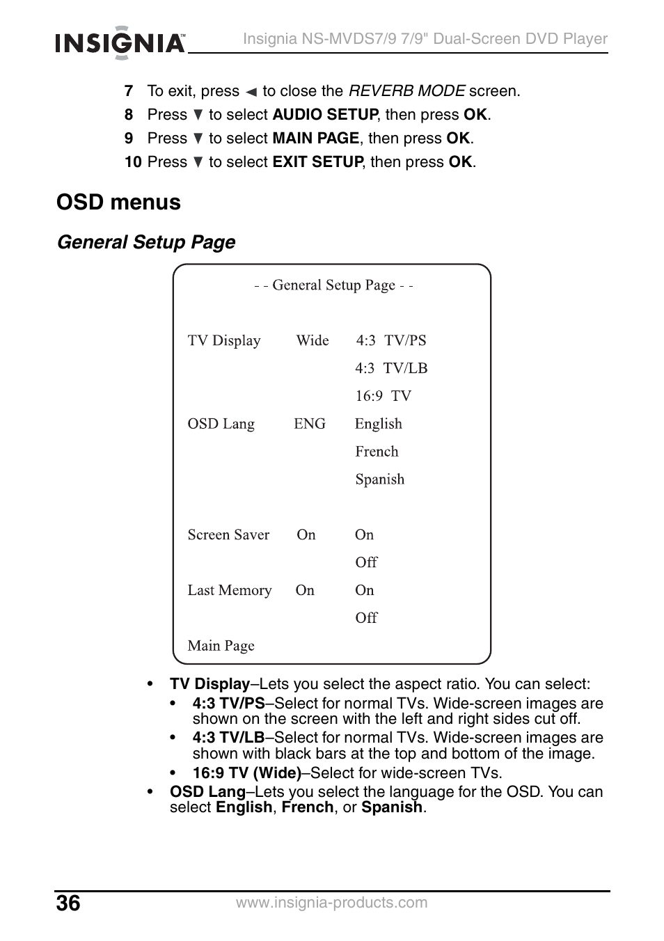 Osd menus, General setup page | Insignia NS-MVDS7 User Manual | Page 36 / 48
