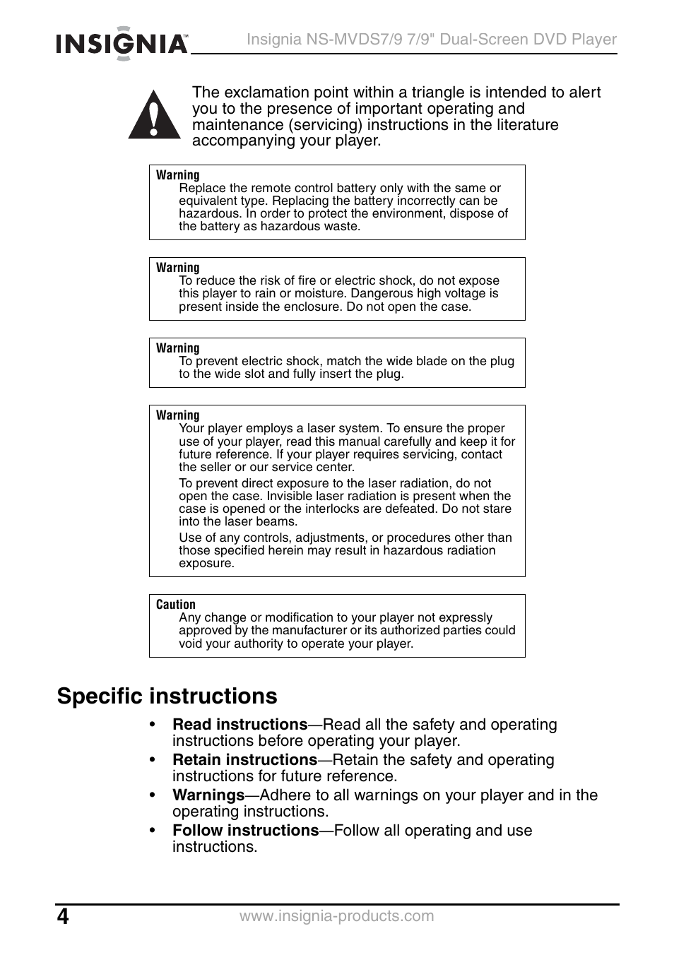 Specific instructions | Insignia NS-MVDS7 User Manual | Page 4 / 48