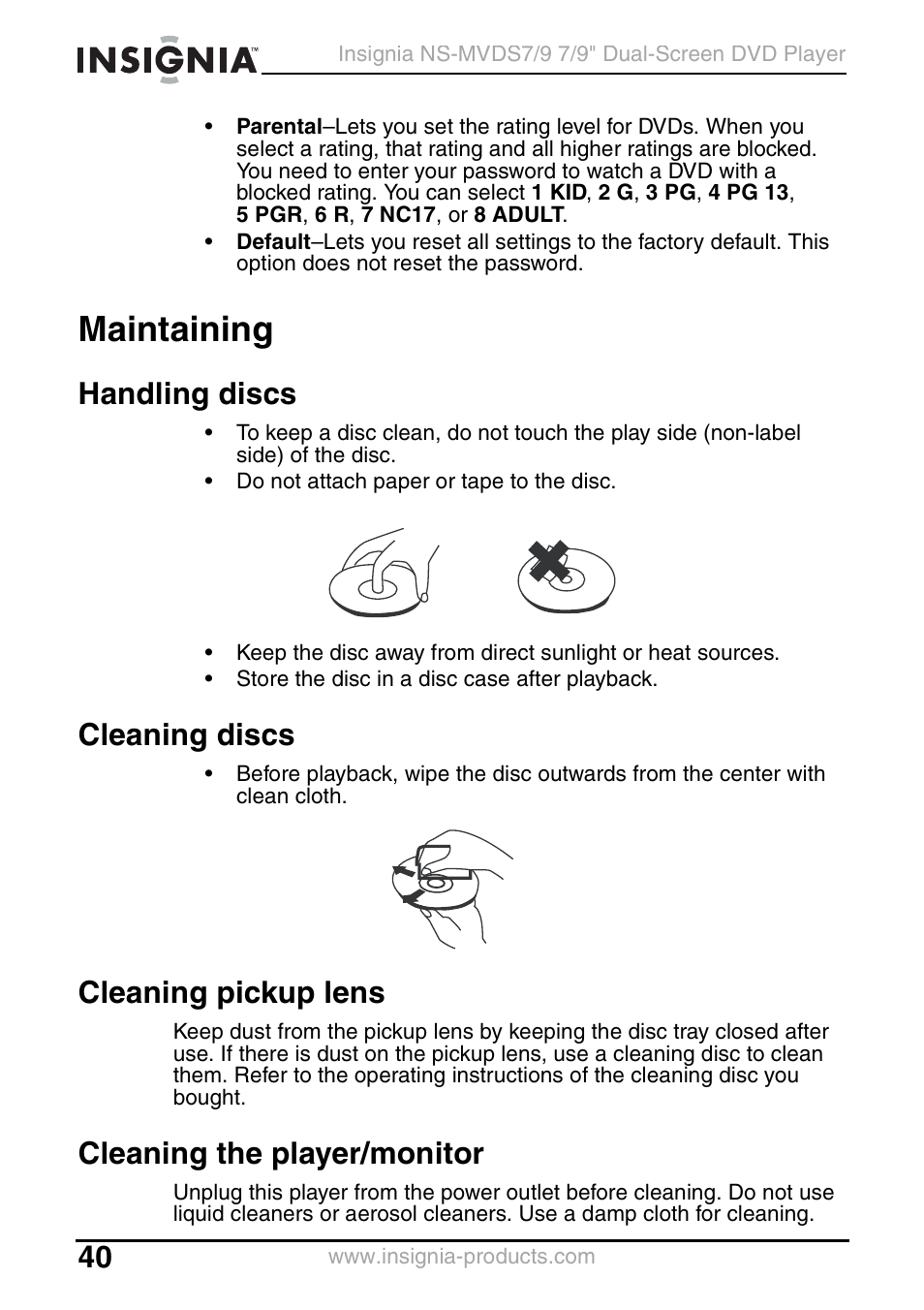 Maintaining, Handling discs, Cleaning discs | Cleaning pickup lens, Cleaning the player/monitor | Insignia NS-MVDS7 User Manual | Page 40 / 48