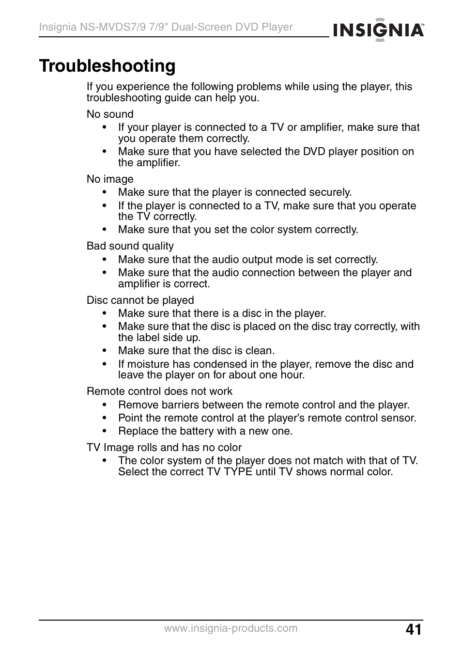 Troubleshooting | Insignia NS-MVDS7 User Manual | Page 41 / 48