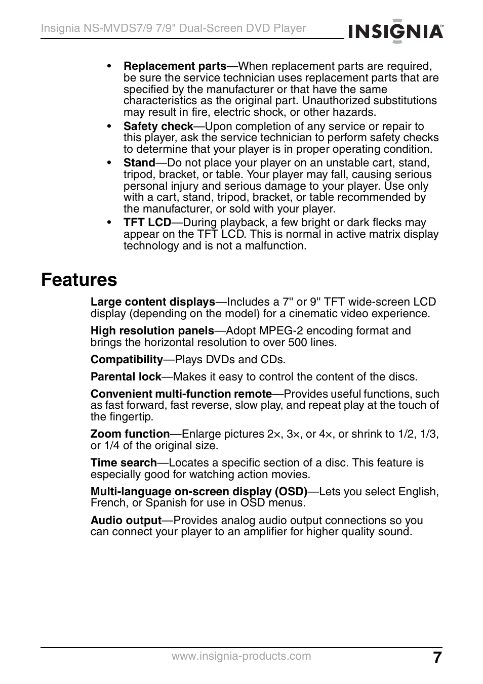 Features | Insignia NS-MVDS7 User Manual | Page 7 / 48