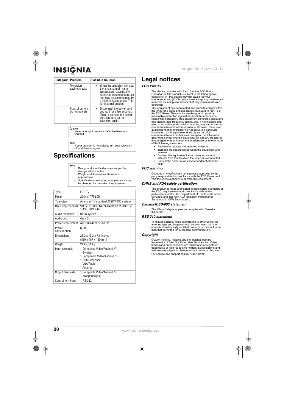 Specifications legal notices | Insignia NS-LCD22 User Manual | Page 22 / 76