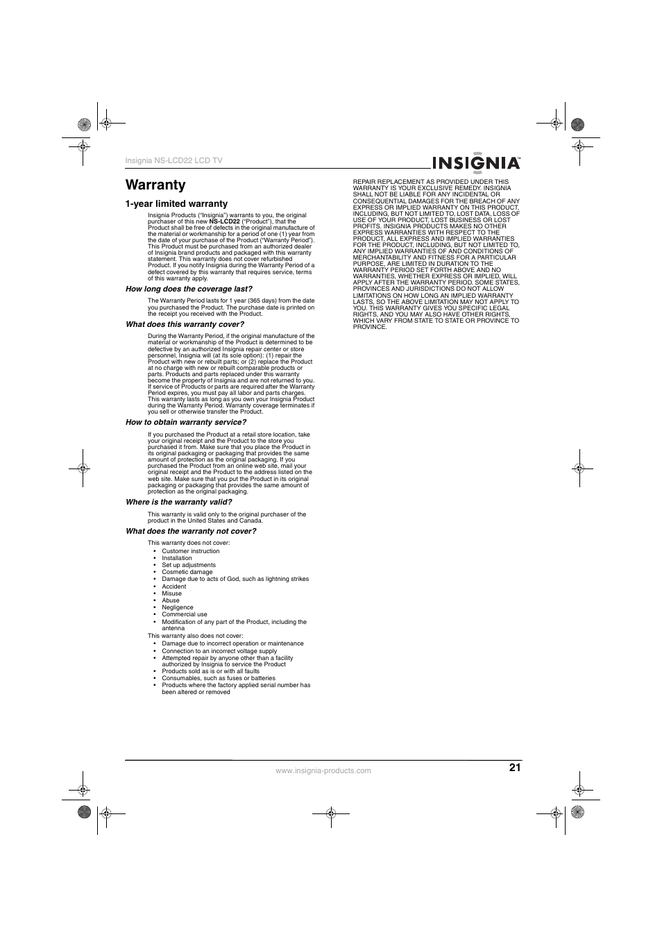 Warranty, Year limited warranty | Insignia NS-LCD22 User Manual | Page 23 / 76