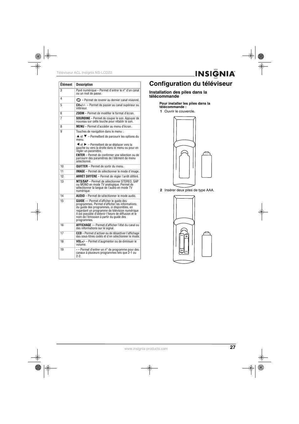 Configuration du téléviseur | Insignia NS-LCD22 User Manual | Page 29 / 76