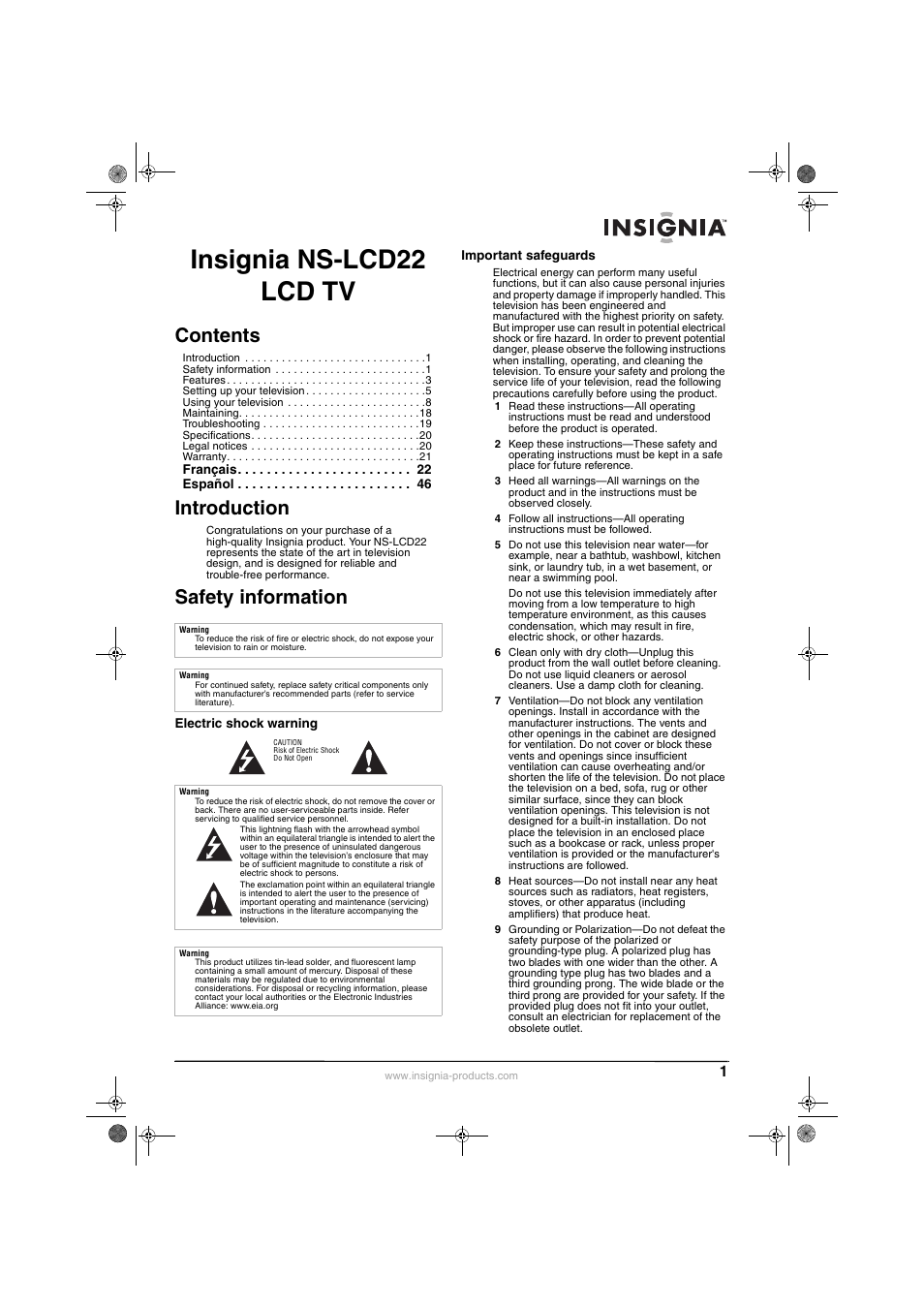 Insignia NS-LCD22 User Manual | Page 3 / 76
