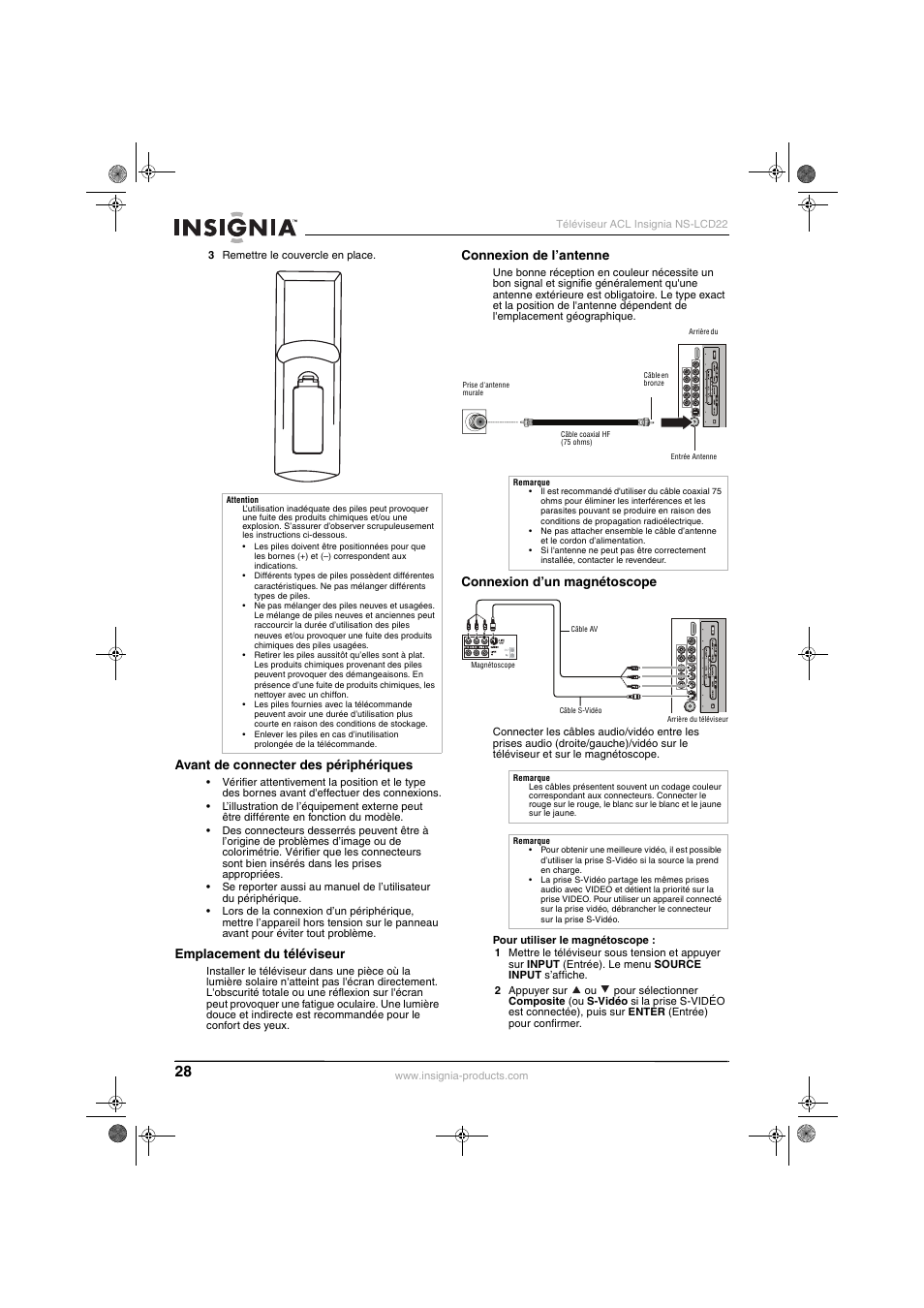 Avant de connecter des périphériques, Emplacement du téléviseur, Connexion de l’antenne | Connexion d’un magnétoscope | Insignia NS-LCD22 User Manual | Page 30 / 76