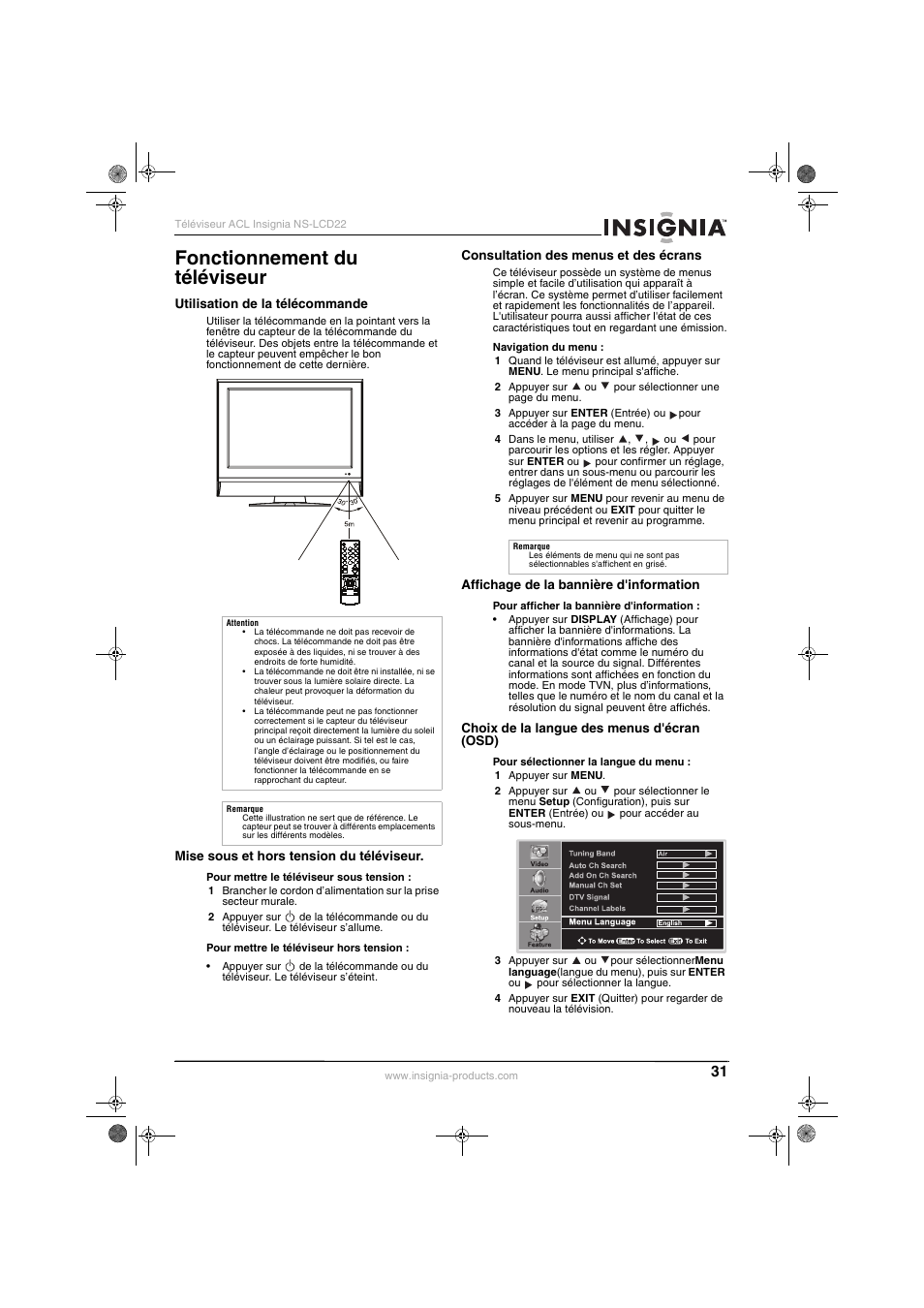 Fonctionnement du téléviseur | Insignia NS-LCD22 User Manual | Page 33 / 76