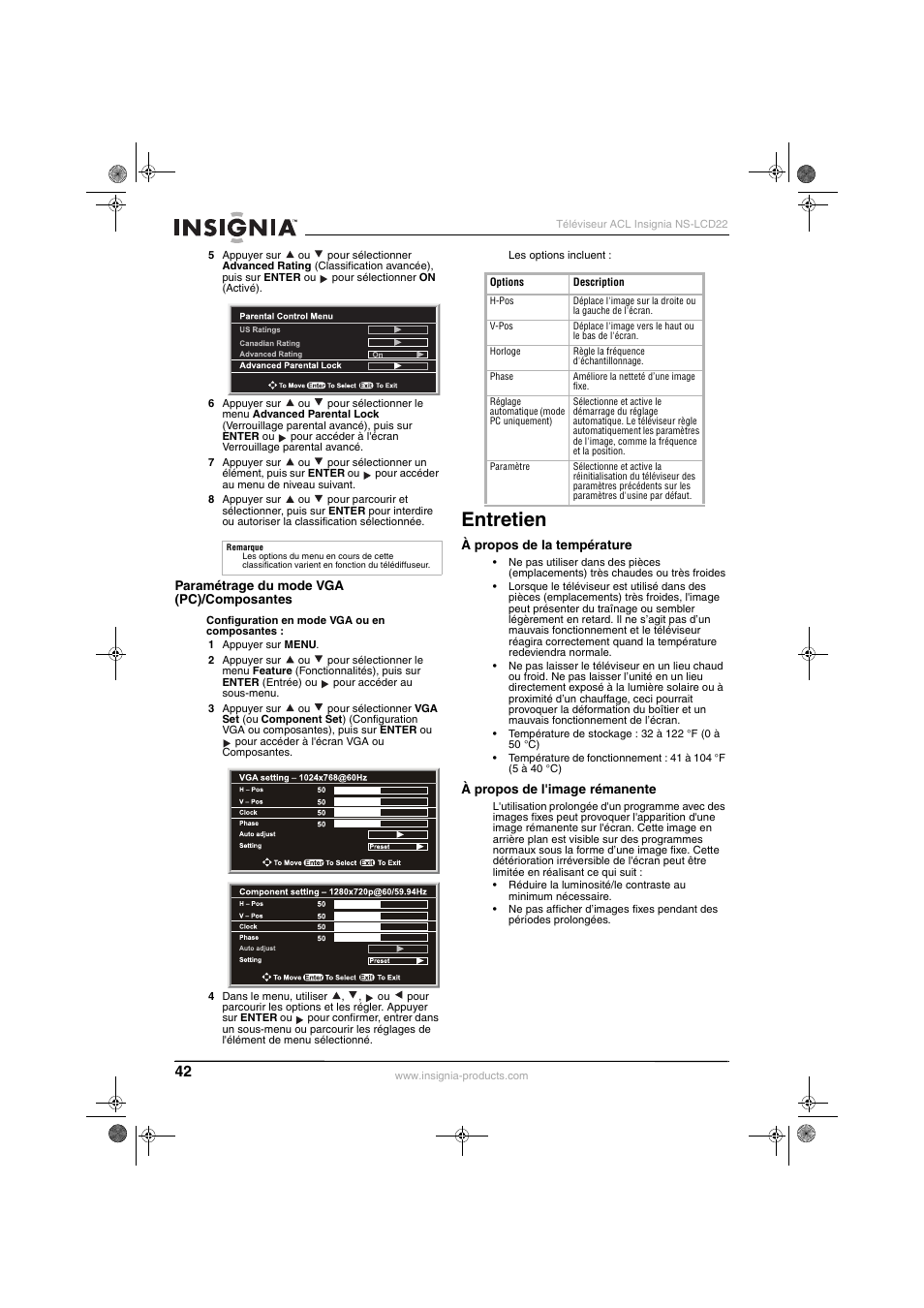 Entretien | Insignia NS-LCD22 User Manual | Page 44 / 76