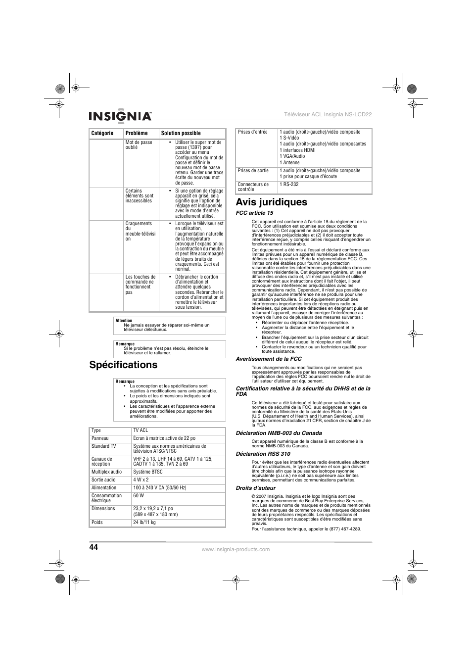 Spécifications avis juridiques | Insignia NS-LCD22 User Manual | Page 46 / 76