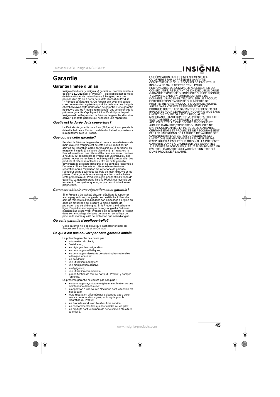 Garantie, Garantie limitée d’un an | Insignia NS-LCD22 User Manual | Page 47 / 76