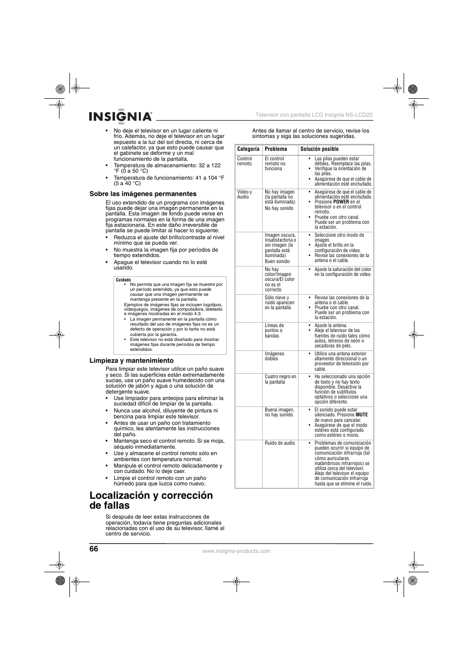 Localización y corrección de fallas | Insignia NS-LCD22 User Manual | Page 68 / 76