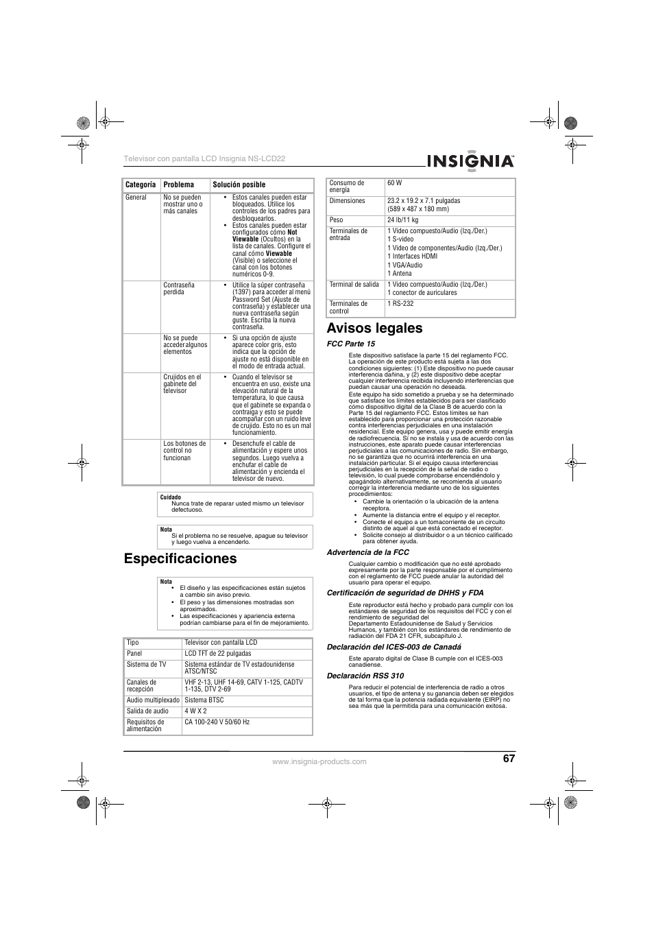 Especificaciones avisos legales | Insignia NS-LCD22 User Manual | Page 69 / 76