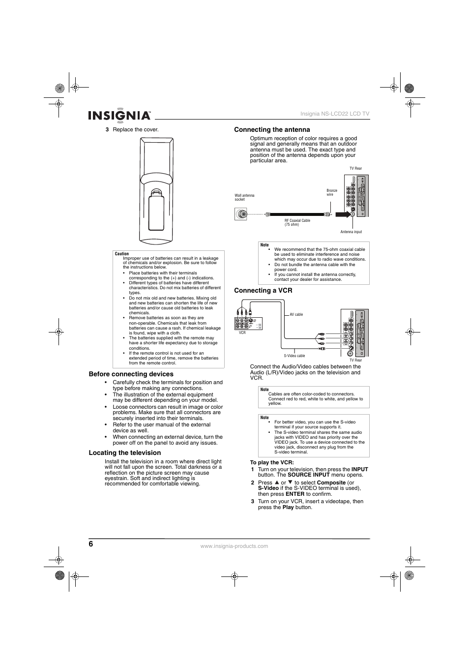 Before connecting devices, Locating the television, Connecting the antenna | Connecting a vcr | Insignia NS-LCD22 User Manual | Page 8 / 76