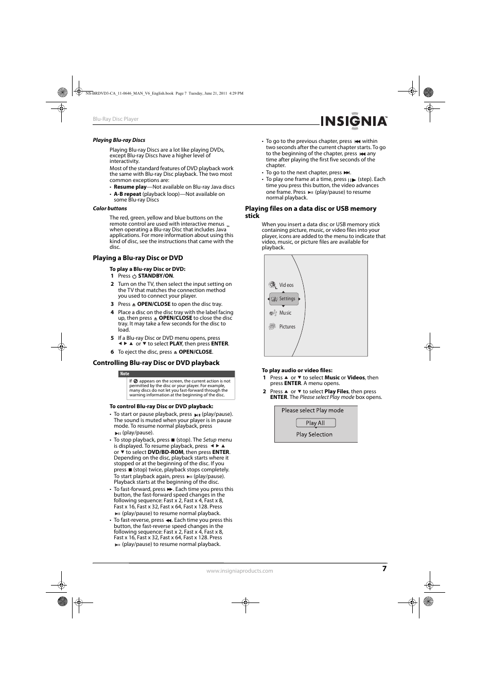 Playing a blu-ray disc or dvd, Controlling blu-ray disc or dvd playback, Playing files on a data disc or usb memory stick | Insignia N/A NS-BRDVD3-CA User Manual | Page 11 / 30
