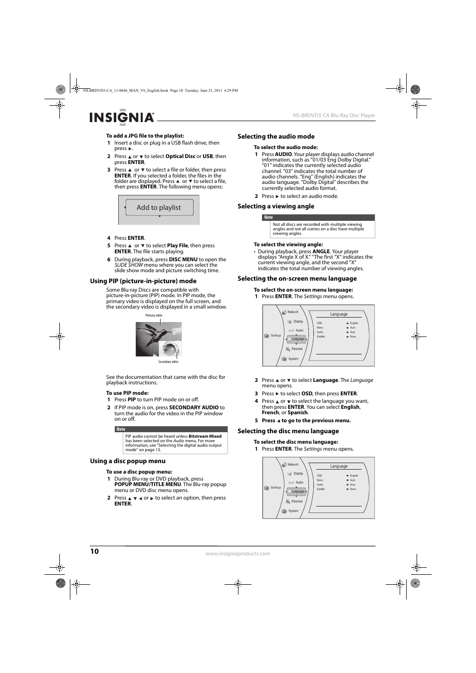 Using pip (picture-in-picture) mode, Using a disc popup menu, Selecting the audio mode | Selecting a viewing angle, Selecting the on-screen menu language, Selecting the disc menu language, See “using pip (picture-in-picture) mode” o, Selecting the audio mode” o, Using pip (picture-in-picture) mode” o, Add to playlist | Insignia N/A NS-BRDVD3-CA User Manual | Page 14 / 30