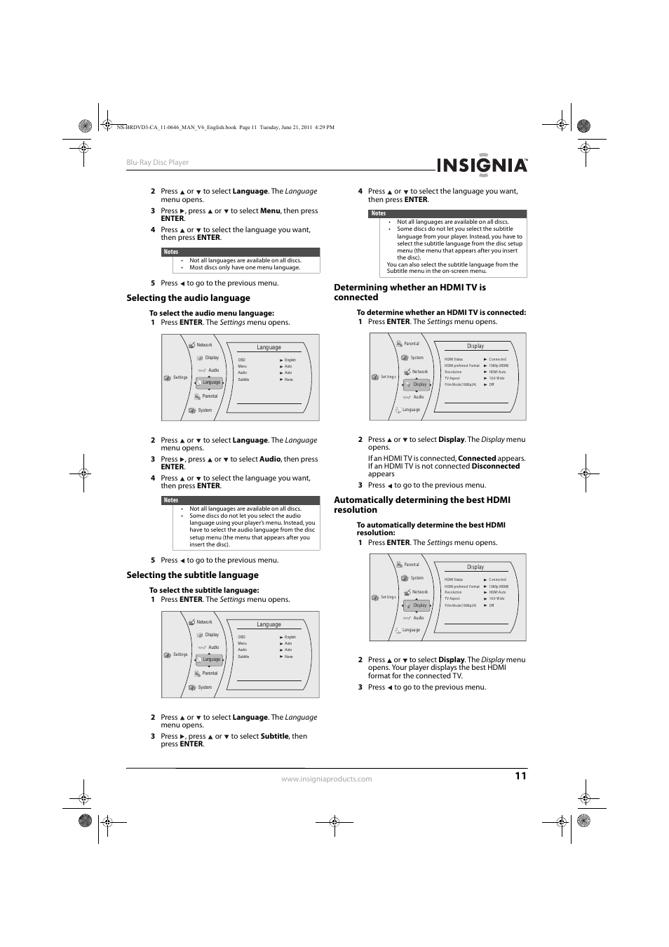 Selecting the audio language, Selecting the subtitle language, Determining whether an hdmi tv is connected | Automatically determining the best hdmi resolution | Insignia N/A NS-BRDVD3-CA User Manual | Page 15 / 30