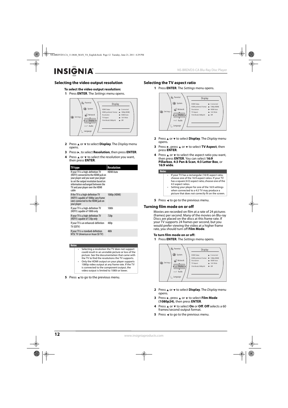 Selecting the video output resolution, Selecting the tv aspect ratio, Turning film mode on or off | Ee “selecting the video output resolution” on | Insignia N/A NS-BRDVD3-CA User Manual | Page 16 / 30