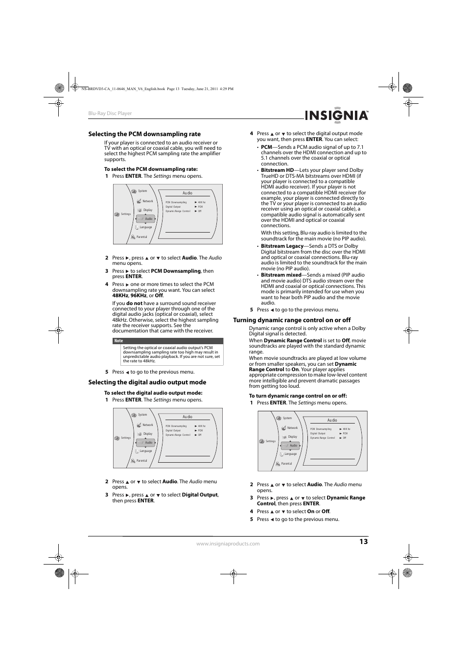 Selecting the pcm downsampling rate, Selecting the digital audio output mode, Turning dynamic range control on or off | Insignia N/A NS-BRDVD3-CA User Manual | Page 17 / 30