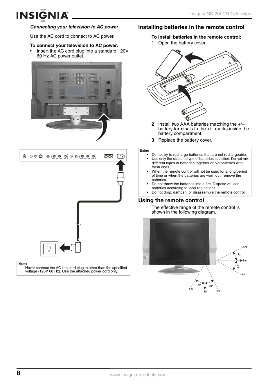 Installing batteries in the remote control, Using the remote control | Insignia NS-20LCD User Manual | Page 10 / 48