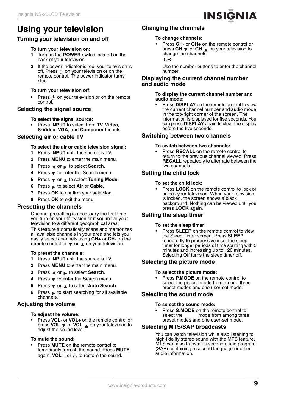 Using your television | Insignia NS-20LCD User Manual | Page 11 / 48