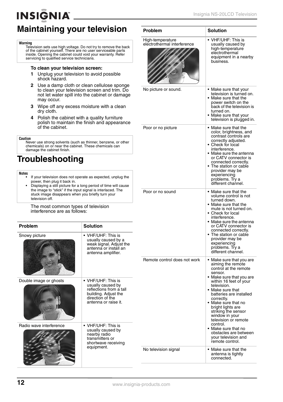 Maintaining your television, Troubleshooting | Insignia NS-20LCD User Manual | Page 14 / 48