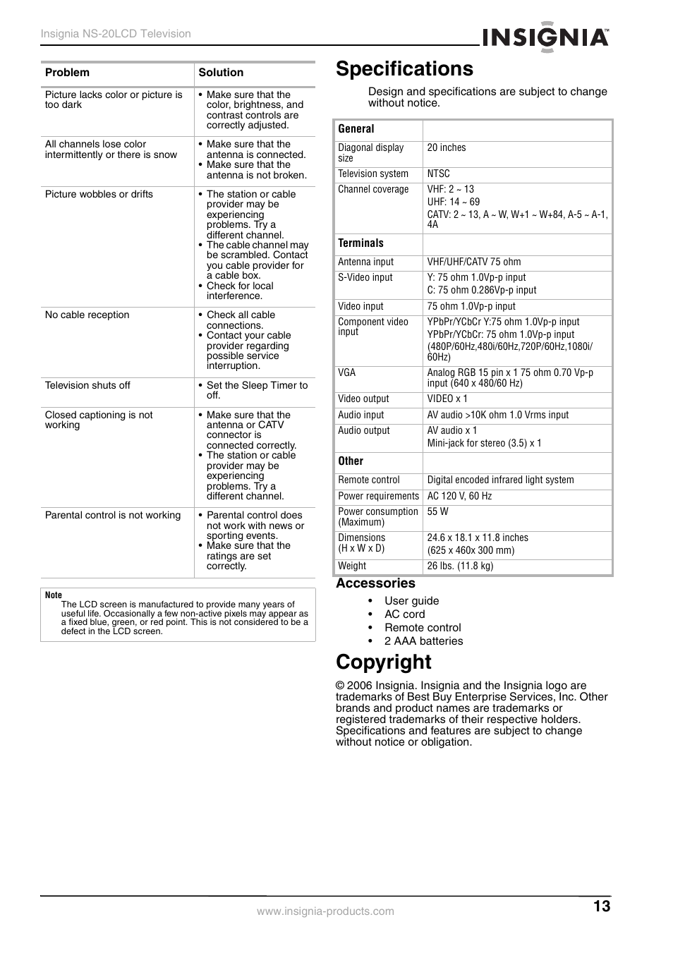 Specifications, Copyright, Accessories | Insignia NS-20LCD User Manual | Page 15 / 48