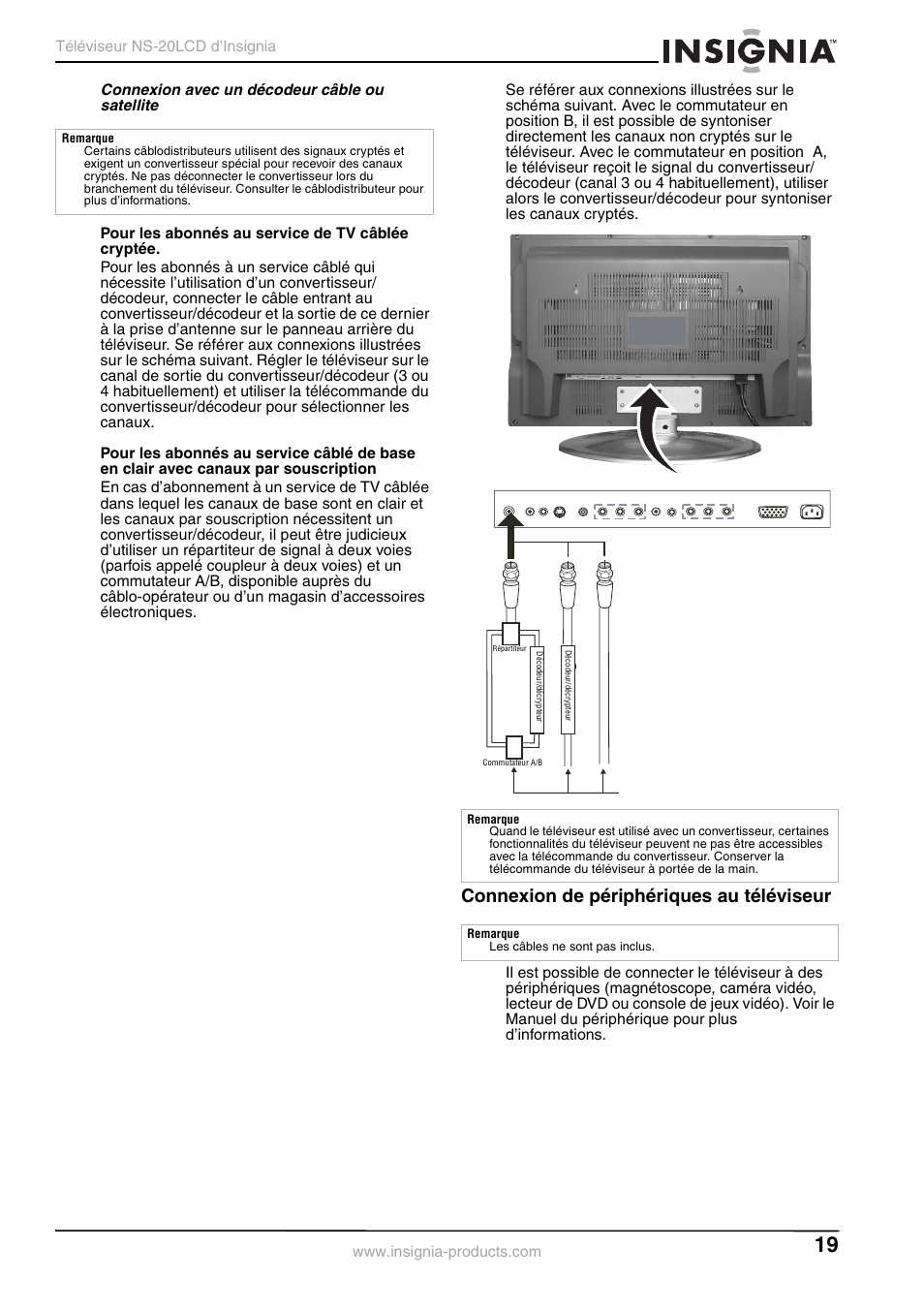 Connexion de périphériques au téléviseur, Connexion avec un décodeur câble ou satellite | Insignia NS-20LCD User Manual | Page 21 / 48