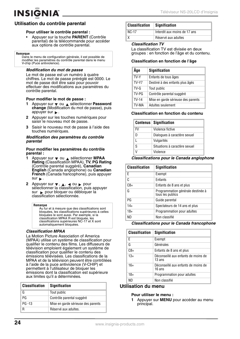 Utilisation du contrôle parental, Utilisation du menu | Insignia NS-20LCD User Manual | Page 26 / 48