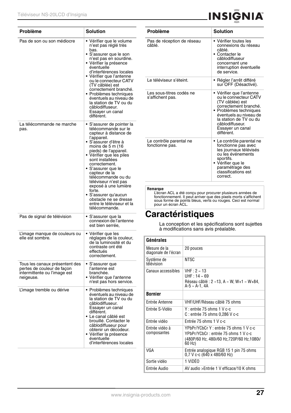 Caractéristiques | Insignia NS-20LCD User Manual | Page 29 / 48