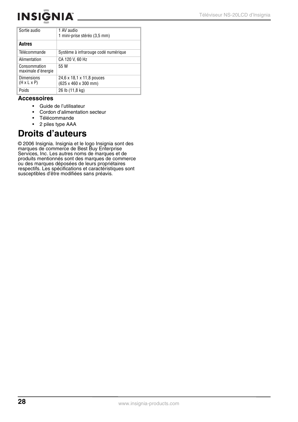 Droits d’auteurs, Accessoires | Insignia NS-20LCD User Manual | Page 30 / 48