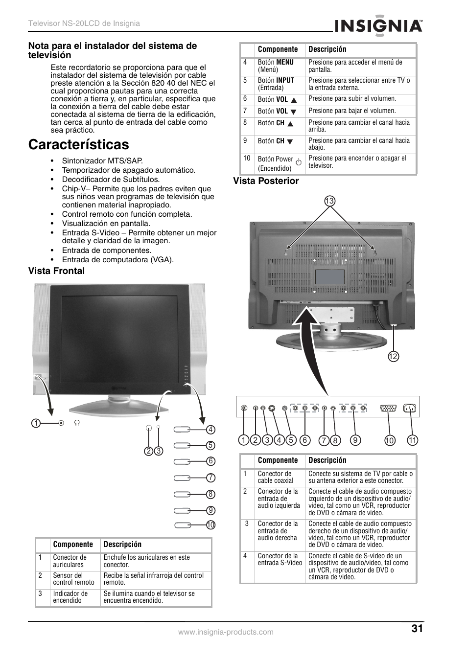 Características, Nota para el instalador del sistema de televisión, Vista frontal vista posterior | Insignia NS-20LCD User Manual | Page 33 / 48