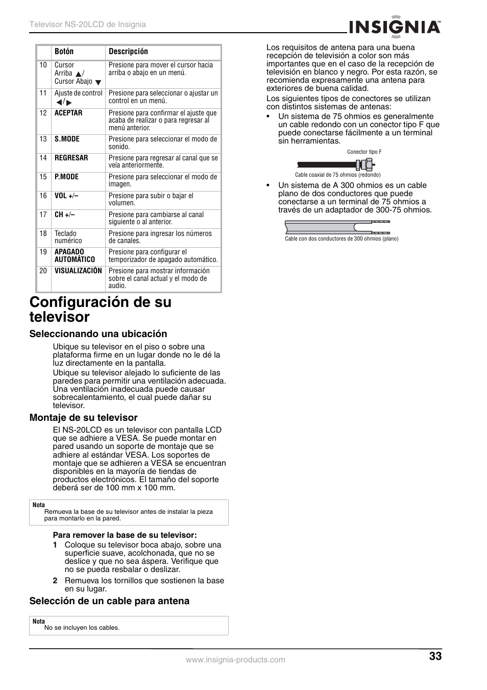 Configuración de su televisor, Seleccionando una ubicación, Montaje de su televisor | Selección de un cable para antena | Insignia NS-20LCD User Manual | Page 35 / 48